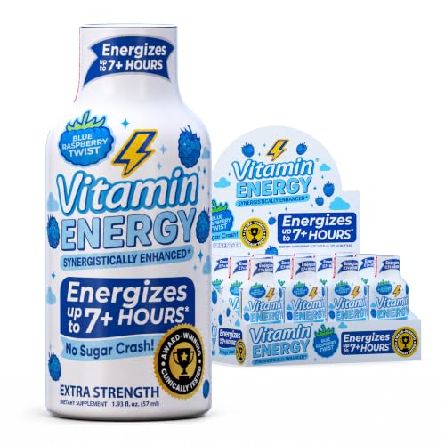 Image of Vitamin Energy Blue Raspberry Twist Extra Strength Energy Shot, 12 Pack - Up to 7 Hrs, 260mg Natural Caffeine, Zero Sugar - Electrolytes + BCAAs, Hydration, B12 B6 Niacin, 1.93 fl oz, Keto Vegan