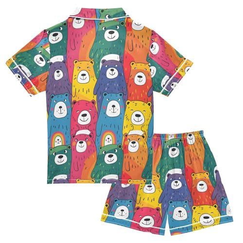 ALAZA Bear Colorful Cartoon Pajamas Satin Pajama Set Short Sleeve Button Down Sleepwear2