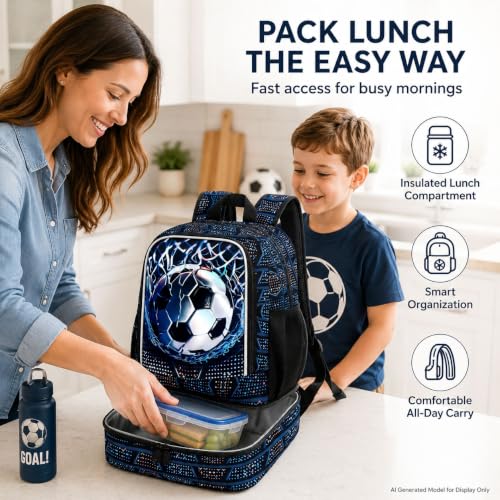 Image of HPJGD 2-in-1 Kids Backpack for Boys, 17 inch Soccer Elementary Bookbag Set with Built-in Lunch Compartment, Water-Resistant School Bag for Preschool - Thrash Net Soccer