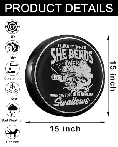 Image of Fishing Humor Spare Tire Cover - 15-inch Black PVC Leather Wheel Protector with Funny Fishing Saying - Waterproof & Durable for RV, Jeep, Trailer, SUV