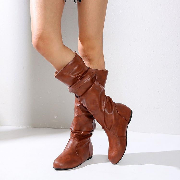 Women's Slouchy Mid Calf to Knee High Boots -Flat PU Leather Round Toe Slip On Winter Fall Dress Boots4