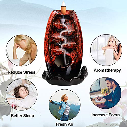 SOLEJAZZ Backflow Incense Burner Waterfall Incense Holder Ceramic with 120 Backflow Incense Cones + 30 Incense Stick for Home Office Yoga Aromatcherapy Ornamen, Red