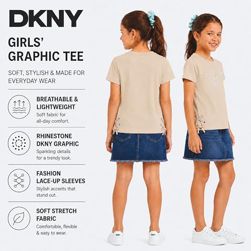 Image of DKNY Girls Shirts - Lightweight Cotton Blend Short Sleeve Crewneck Graphic Tee Cute Tops - Casual Trendy Girls Summer Clothes