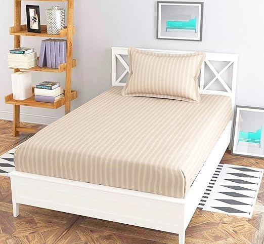 ZurZac Pure Cotton Satin Stripes Lining Single Bed Bedsheet| Thread Count-220| Single Bedsheet with One Pillow Cover| Ideal for Bedroom, Home, Hotels| Soft and Easy to Maintain| 60x90 Inch (Beige)
