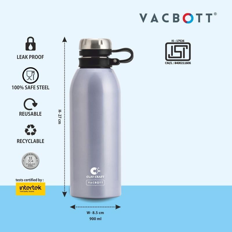 Image of CLAY CRAFT VACBOTT Charlie Double Walled|18 Hours Hot and 24 Hours Cold Water Bottle Vacuum Insulated Flask Bottle 900ml|1 Pcs Water Bottle|Travelling|BPA-Free|BIS Certified|1Year Limited Warranty
