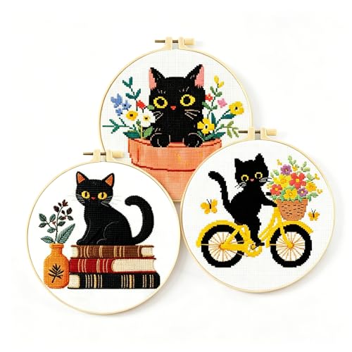 Image of Zhenqing 3-Piece Black Cat Cross Stitch Kit for Beginners - Complete Set with Pre-Printed 11CT 24x24cm Fabric, Hoop, Threads & Tools (3 Adorable Cat Designs)(70403)