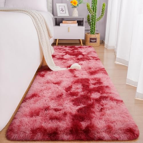 Chicrug Cute Red Runner Rug for Girls Bedroom, 2x6 Feet Fluffy Kids Rug for Room Decor, Shag Soft Dorm Playroom Rug, Bedside Rug for Baby Nursery Room, Dark Red