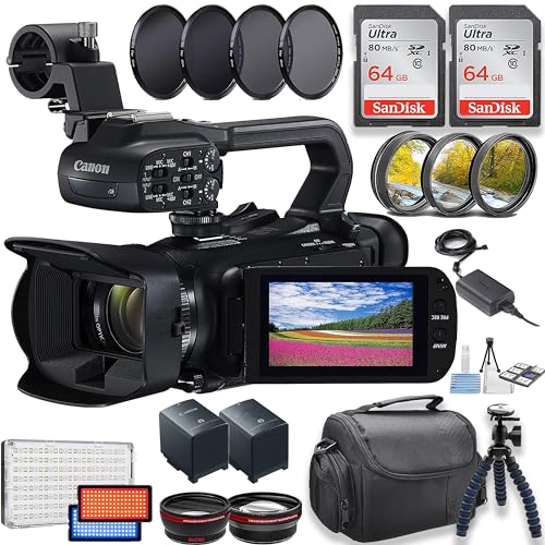 Canon XA60 Professional UHD 4K Camcorder w/LED Video Light + Filter Kits + 2pc 64GB Memory Cards & More