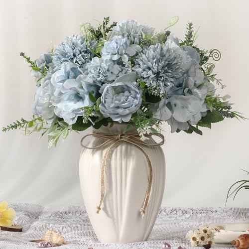 JARELING Peonies Artificial Flowers in Vase, Fake Hydrangea Silk Peony Flower Bouquet with Vase Faux Flowers Arrangement Decor Home Table Dining Room (Blue)