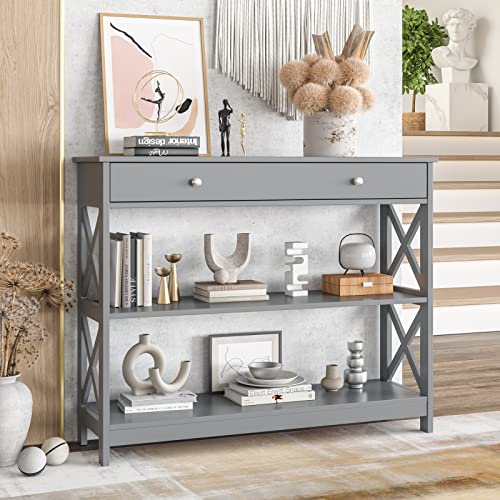 LIFEZEAL Tavolo Console a 3 Livelli, Tavolo Consolle in Legno, Tavolo d’Ingresso Sottile e Stretto, con 1 Cassetto, per Soggiorno, Corridoio, Montaggio Facile, Peso Max 95 kg, 100x30x80cm, Grigio