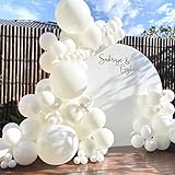 Weiße Latexballons in verschiedenen Größen: Die weißen Babyparty-Ballons umfassen 6 weiße 18-Zoll-Ballons, 32 weiße 12-Zoll-Ballons, 40 weiße 10-Zoll-Ballons, 32 weiße 5-Zoll-Ballons, 1 16-Fuß-Ballonstreifenband, 100 Klebepunkte, 1 Rolle Weiß Schleife.