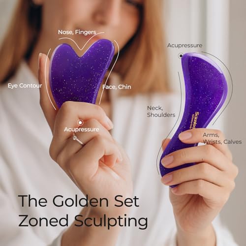 Image of Scienlodic 2 Pcs Gua Sha Massage Tools for Face & Body (Purple, Resin) - Guasha Scraping Tool for Jawline Contouring, Puffiness Reduction, Neck, Shoulders, Arms & Calves Relaxation