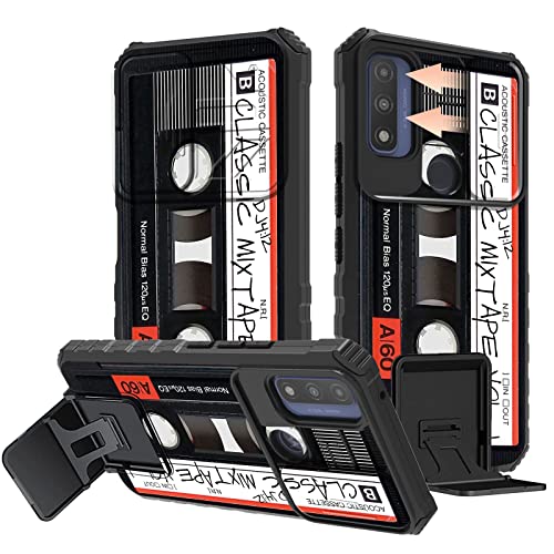 for Moto G Pure 2021 Case, for Moto G Power 2022 Phone Case with Slide Camera Cover Built-in Kickstand Dual Layer Hybrid Shockproof Case for Moto G Pure/Moto G Power 2022 6.5',Retro Audio Cassette