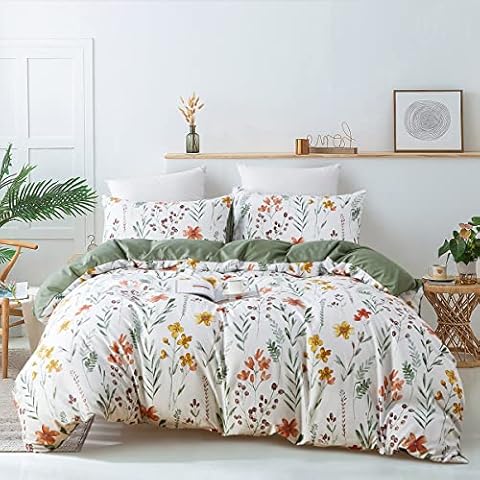 Nayoroom White Floral Duvet Cover Queen Size Green Botanical Leaf Yellow Flowers Printed Reversible Striped Bedding Set 3 Pieces Soft Microfiber Garden Style Comforter Cover with Zipper Ties Cover