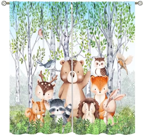 Kid Forest Animal Curtains,Cartoon Spring Woodland Wildlife Watercolor Window Treatments
