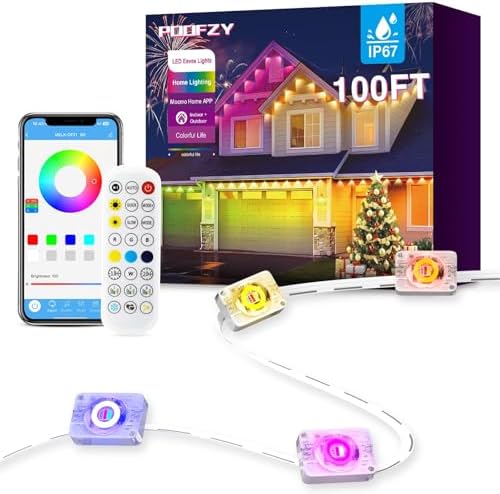 POOFZY Permanent Outdoor Lights for House,100ft RGB+IC Smart Outdoor Decor, 50 Scene Modes,App/Remote Control,IP67 Waterproof,for Christmas,Halloween,Daily & Holiday Party Decor,House Roof Lighting