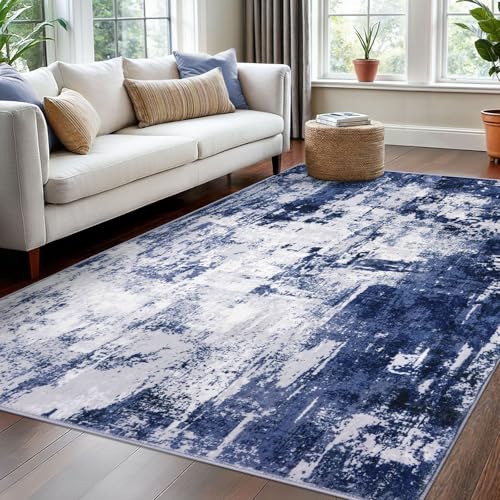 KOZYFLY Modern Abstract Area Rugs 5x7 Navy Blue Machine Washable Thin Rug for Bedroom Non-Slip Living Room Rug, Faux Wool Soft Low Pile Office Carpet for Dining Room, Bedroom, Kitchen