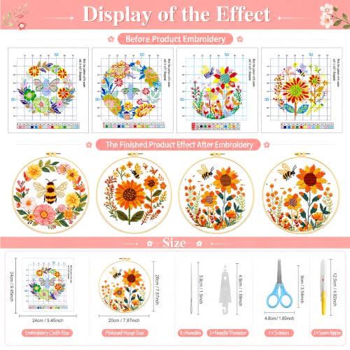 Image of Zhenqing Bee & Flower Garden Cross Stitch Kit for Beginners - 4 Pre-Printed Designs with Hoop, Threads & Complete Tools(68059)