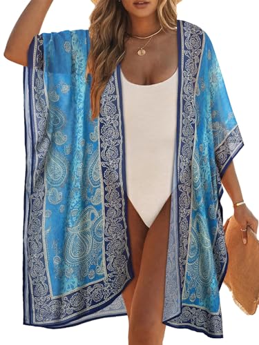 Image of Women's Kimono Swimsuit Coverups Summer Beach Loose Cardigans for Swimwear | CHICGAL Casual Open Front Chiffon Cover Up, 3 /4 Sleeve Lightweight Vacations Outfits 2026, Long Summer Resort Wear