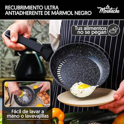 La Moustache - Juego de Ollas y Sartenes【8 Piezas】Aluminio con Antiadherente sin PFOA y PFOS | Batería Apta para Todas las Cocinas, Incluso Inducción, Mangos de Baquelita Termoprotectora (Onix) - imagen 3