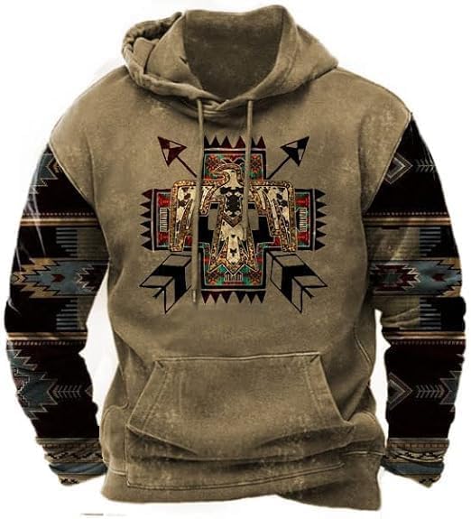 PORCLAY Cowboy Hoodie for Men Western Aztec Hooded Sweatshirt Country Graphic Print Oversized Pullover Shirts with Pocket