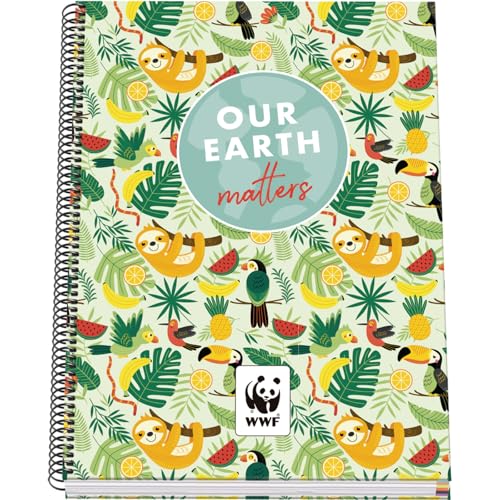 DOHE WWF Tropic - Quaderno a quadretti, formato A4, 100 fogli, 90 g/m², spessore carta 22,8 x 30 cm, copertina rigida, rilegatura ad anelli da 5 mm, materiale scolastico