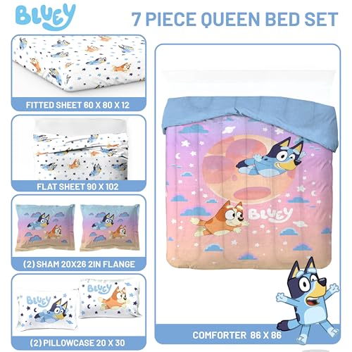Image of Jay Franco Bluey & Bingo Queen Comforter Set - 7 Piece Bedding Includes Sheet Set & Pillow Covers - Super Clouds & Stars Cozy Bedding