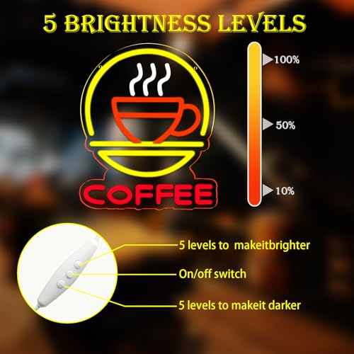 Image of Coffee Neon Sign Dimmable Led Coffee Lights Wall Decor for Cafes, Hotels, Restaurants, Coffee Bars, Kitchen Party Gift Art for Fans Boys Girls 12.2 x 14.7IN-USB Powered-Acrylic