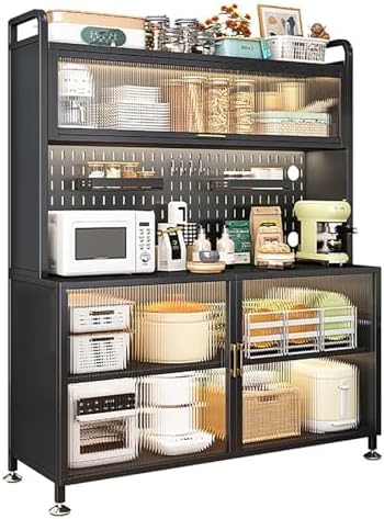 White Coffee Bar Cabinet with Casters, Stylish Bakers Rack & Microwave Stand, Flip Switch Door, DIY Back Panel, Perfect for Kitchen, Dining Room, Living Room Storage