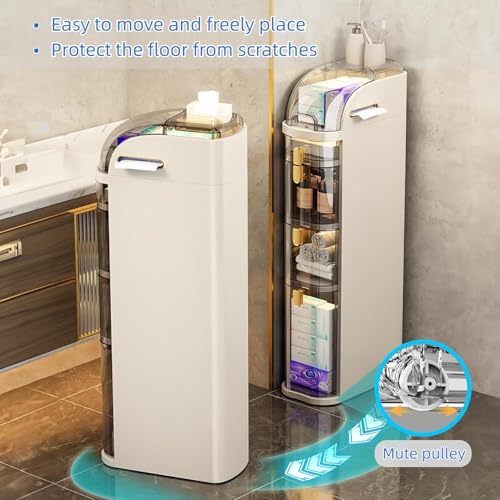 EOGILY Slim Bathroom Storage Cabinet, Narrow Bathroom Storage Organizer, Waterproof Narrow Floor Cabinet with Wheels and Tissue Box, for Small Spaces, Laundry, Kitchen, Office (4-Tiers)