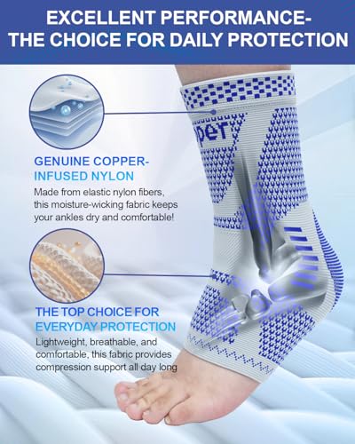 Image of LISEPWU Copper Ankle Brace, Copper Infused Ankle Support Compression Sleeve for Men & Women, for Foot Pain Relief, Sprained Recovery, Achilles Tendonitis, Daytime or Night Use(Blue L)