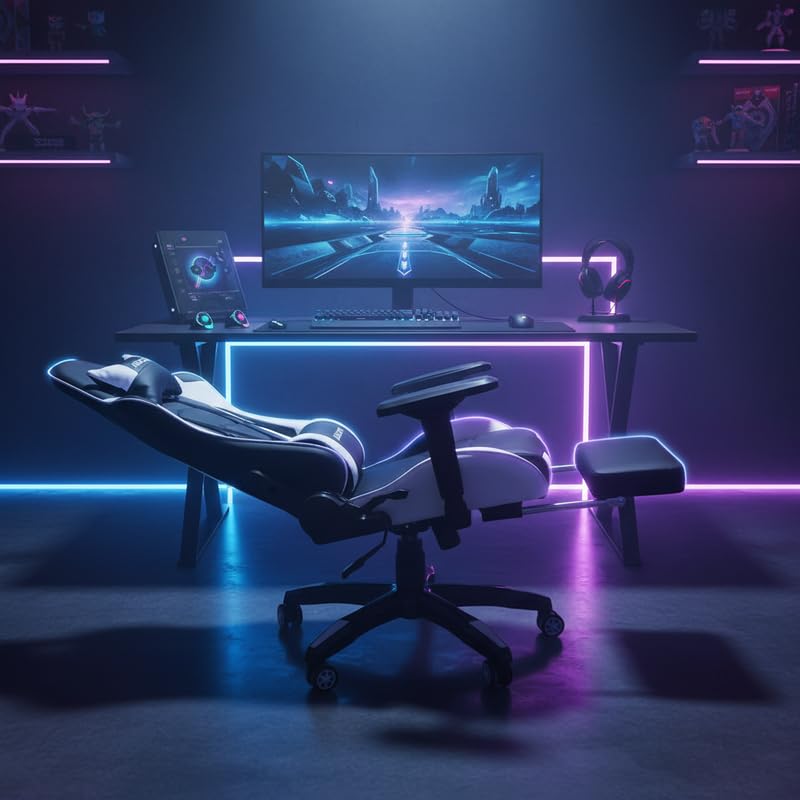 Image of Adcom Mutant Pro Adjustable Gaming Chair, PU Leather, 180 Recline, Ergonomic Neck & Lumbar Support, 4D Armrests with Footrest (Black & White)