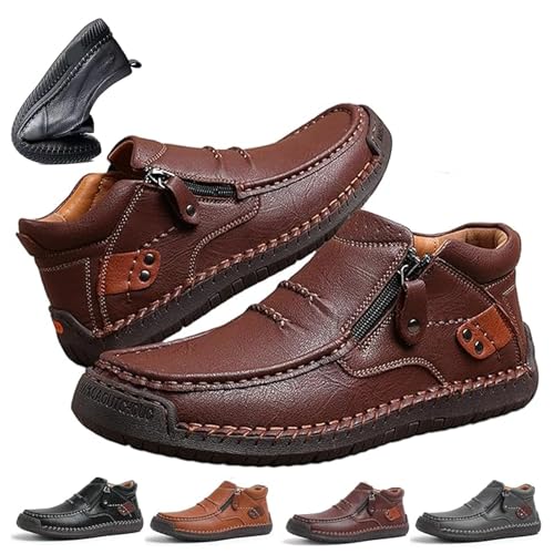 Men's Leather Handmade Platform Shoes Ankle Chukka Boots Fashion Round Toe Side Zipper Mid Top Slip On Loafers