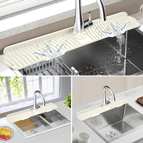 Image of Kitchen Sink Splash Guard Gen2-30 inch x 6'' Silicone Sink Mat Splash Guard fit for Countertop, Bathroom,Farmhouse,RV by EBIGIC (off white)