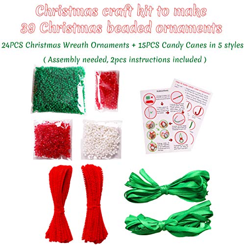 Christmas Crafts For Kids Adults, Beaded Ornament Kit To Make Wreath Candy Cane-Xmas Holiday Tree Decorations Party Supplies, 39 Pieces #TOP2
