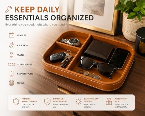 Image of Valet Tray Organizer, Premium Vegan Leather, Multi-Compartment Design, Versatile Desk & Dresser Tray, Tan, 10 x 8 x 1.5 in