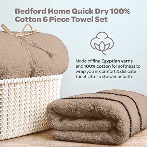 Bedford Home Quick Dry 100% Cotton Zero Twist Towel Set, Hotel & Spa Quality, Soft, Lightweight, Highly Absorbent Towels And Washcloths For Bathroom, Shower Ideal For Everyday Use - 6 Piece (Taupe) #TOP2
