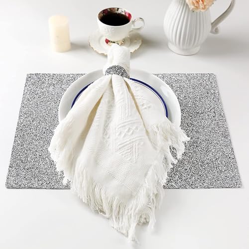 Placemat Silver Bling Waterproof Heat Resistant Washable Table Mat, Anti-Slip Rectangle Glitter Place Mat, 4pcs Crushed Diamond Silver Crystal Filled Kitchen Table Mat, 29x12cm - Image 7