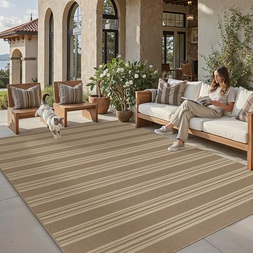 Striped Easy Jute Area Rug 8x10 Khaki Washable Outdoor Patio Rug for Living Room Indoor Outdoor Carpet Non Slip Office Farmhouse Neutral for Backyard