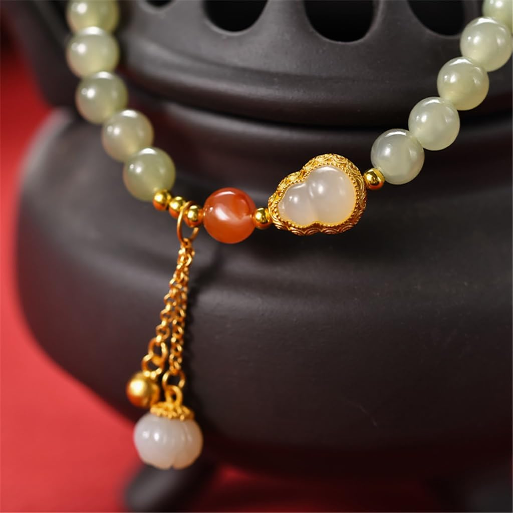Pulsera de Transferencia Guofeng Fu Lu, Mano de Plata 925 y Cuerda de Mano con Borla de Calabaza de Jade hetiano