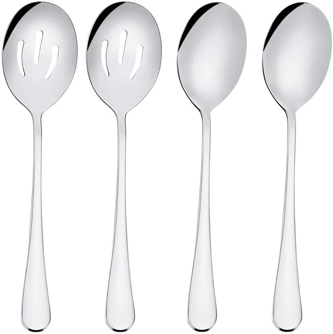 Serving Spoon Sets, Includes 2 Serving Spoons and 2 Slotted Serving Spoons, 8 3/4" Stainless Steel Buffet Banquet Spoons