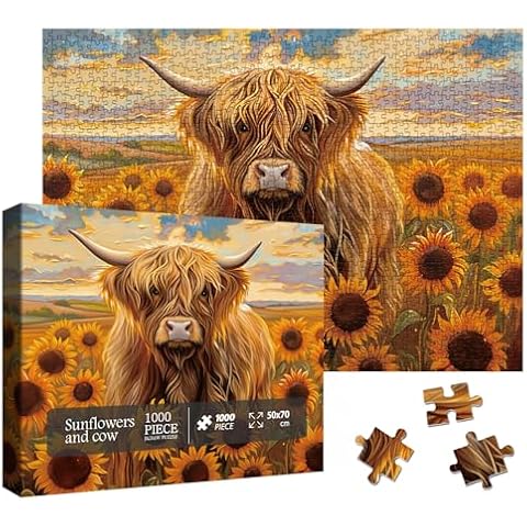 Beautiful Sunflower Highland Cow Jigsaw Puzzle 1000 Piece for Adult, Nature Animal Flower Painting Jigsaw Puzzles, Funny Art Plant Scenic Puzzle Cover