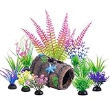 Ameliade Fish Tank Accessories Decorations Set with Broken Barrel Cave & 11 Artificial Aquatic Plants - Betta Goldfish Hiding Spots for Aquariums, Small Bowl Ornament Decor