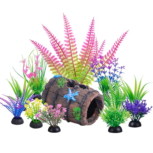 Ameliade Fish Tank Accessories Decorations Set with Broken Barrel Cave & 11 Artificial Aquatic Plants - Betta Goldfish Hiding Spots for Aquariums, Small Bowl Ornament Decor