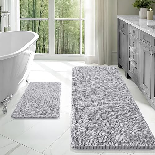 Image of OLANLY Bathroom Rugs Sets 2 Piece, Soft Absorbent Chenille Bath Mats Area Rug Set, Non-Slip, Quick Dry, Machine Washable Bath Mats for Bathroom, Home Decor Accessories (47 inchx20 inch+24 inchx16 inch, Light Grey)