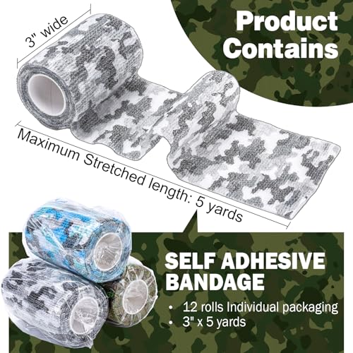 Image of AZEN 12 Pack Camo Self Adhesive Bandage Wrap, 3 inch X 5 Yards Elastic Cohesive Bandage Wrap, Athletic Tape, Tattoo Tape Wrap, Vet Wrap, Ankle Tape (Camo)