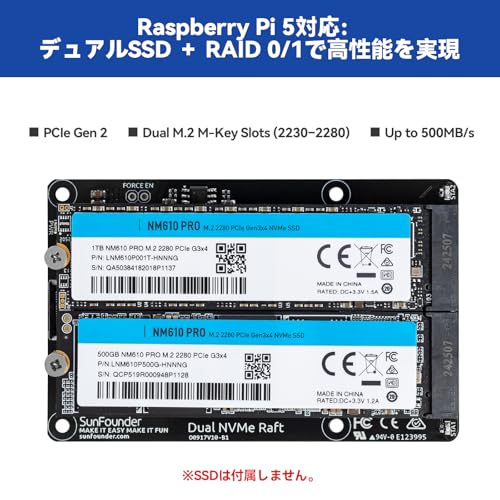 SUNFOUNDER Raspberry Pi 5 用 Dual NVMe Raft NVME Kit の商品画像 1