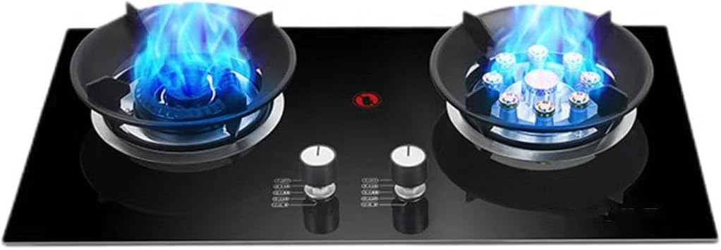 Gas Cooker 2 Burners,5.2KW 9 Cavity Fire Ring Wok Burner,Tempered Glass Cast Iron Pot Rack,with Flameout Protection,LPG/Natural Gas KitLPG
