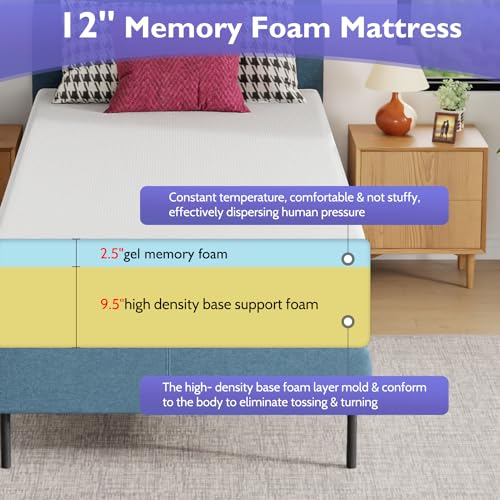 Image of FDW | 12 Inch Twin XL Mattress | Medium Firm | Gel Memory Foam Mattress | White | Bed in a Box, CertiPUR-US Certified | Pressure Relief, Cooling Ventilated Foam | Washable Removable Cover