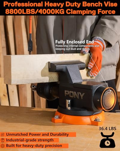 Image of PONY 6 Inch Heavy Duty Bench Vise 8800LBS Clamping Force, Pro Workshop Workbench Vise with 360-Degree Rotatable Base and Anvil, 6-inch Jaw Opening and Width for Woodworking, Drilling, Pipe Cutting